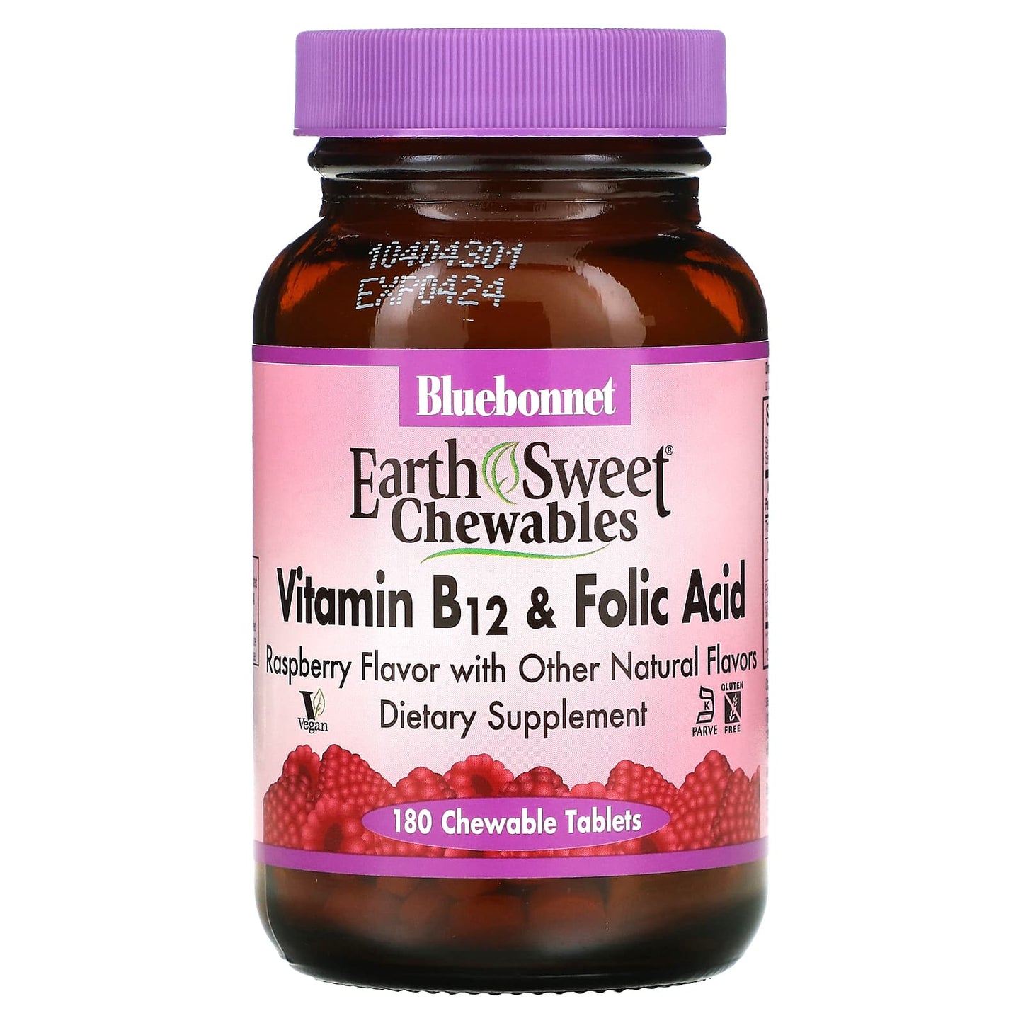 Bluebonnet, Earthsweet Vitamin B-12 & Folic Acid Raspberry Flavor, 180 Chewables UPC 743715004351 | Hilife Vitamins