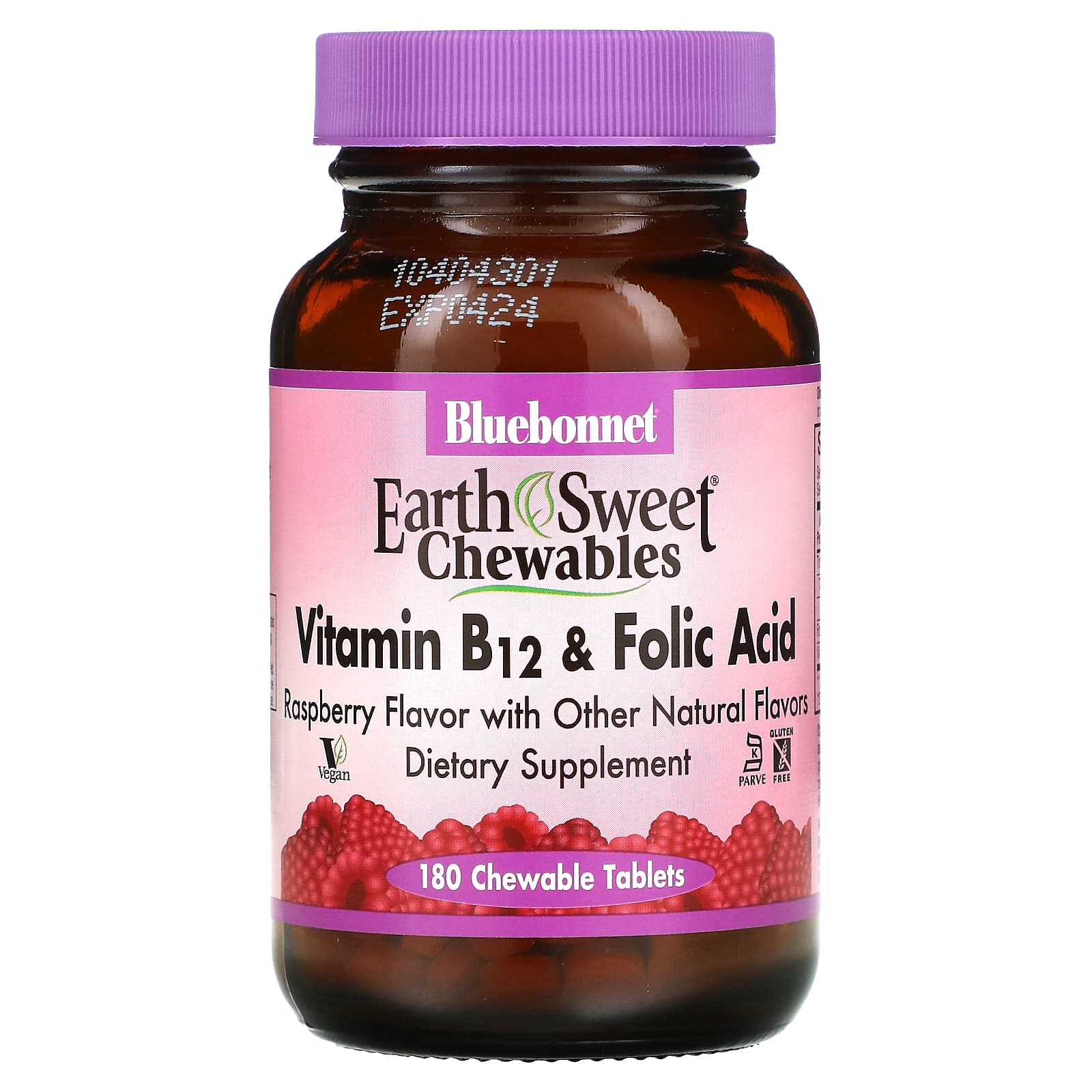 Bluebonnet, Earthsweet Vitamin B-12 & Folic Acid Raspberry Flavor, 180 Chewables UPC 743715004351 | Hilife Vitamins