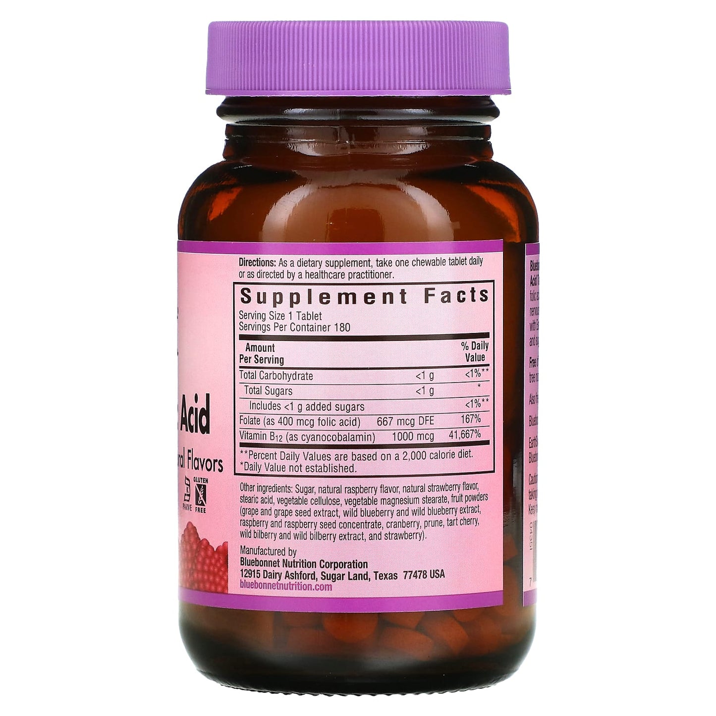 Bluebonnet, Earthsweet Vitamin B-12 & Folic Acid Raspberry Flavor, 180 Chewables UPC 743715004351 | Hilife Vitamins