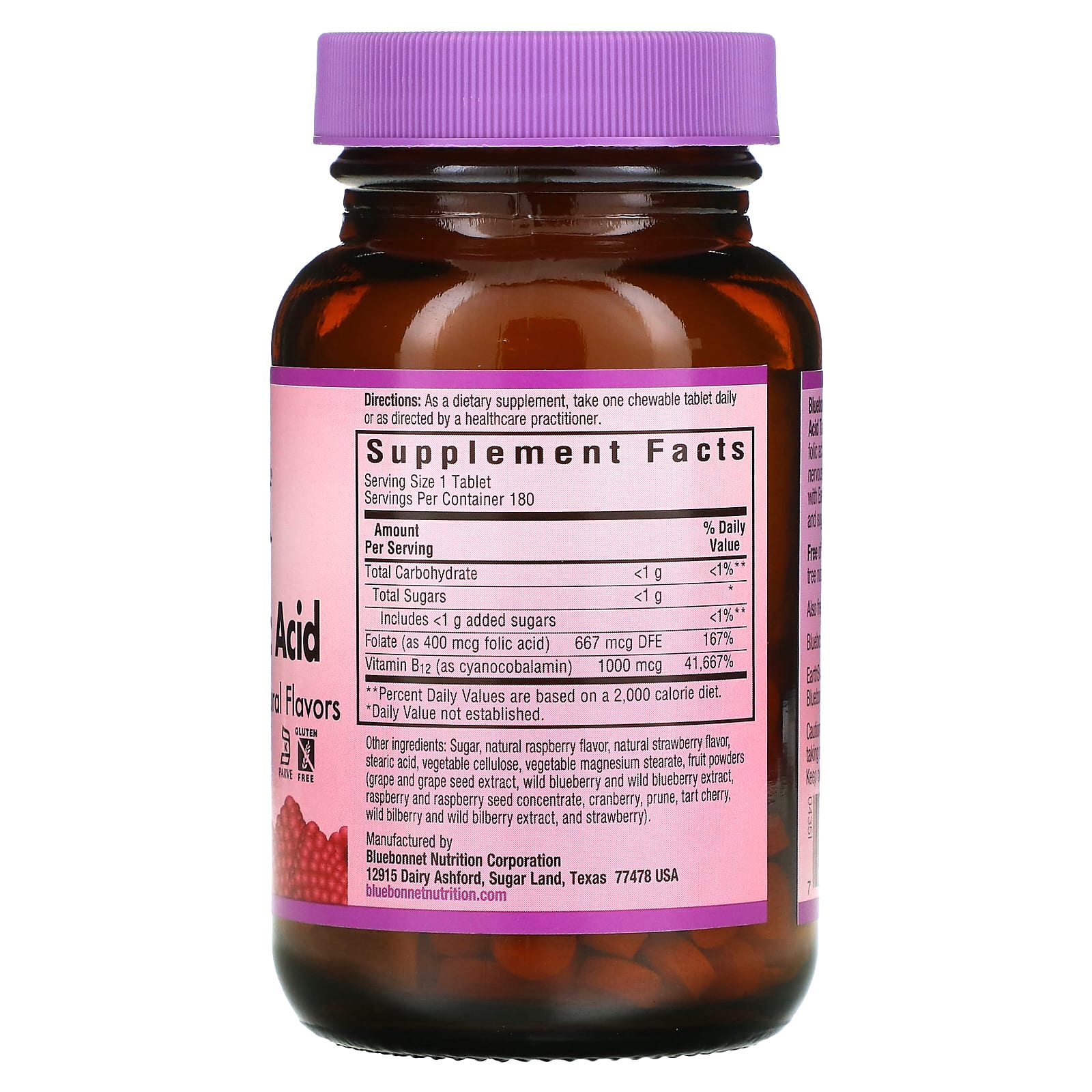 Bluebonnet, Earthsweet Vitamin B-12 & Folic Acid Raspberry Flavor, 180 Chewables UPC 743715004351 | Hilife Vitamins