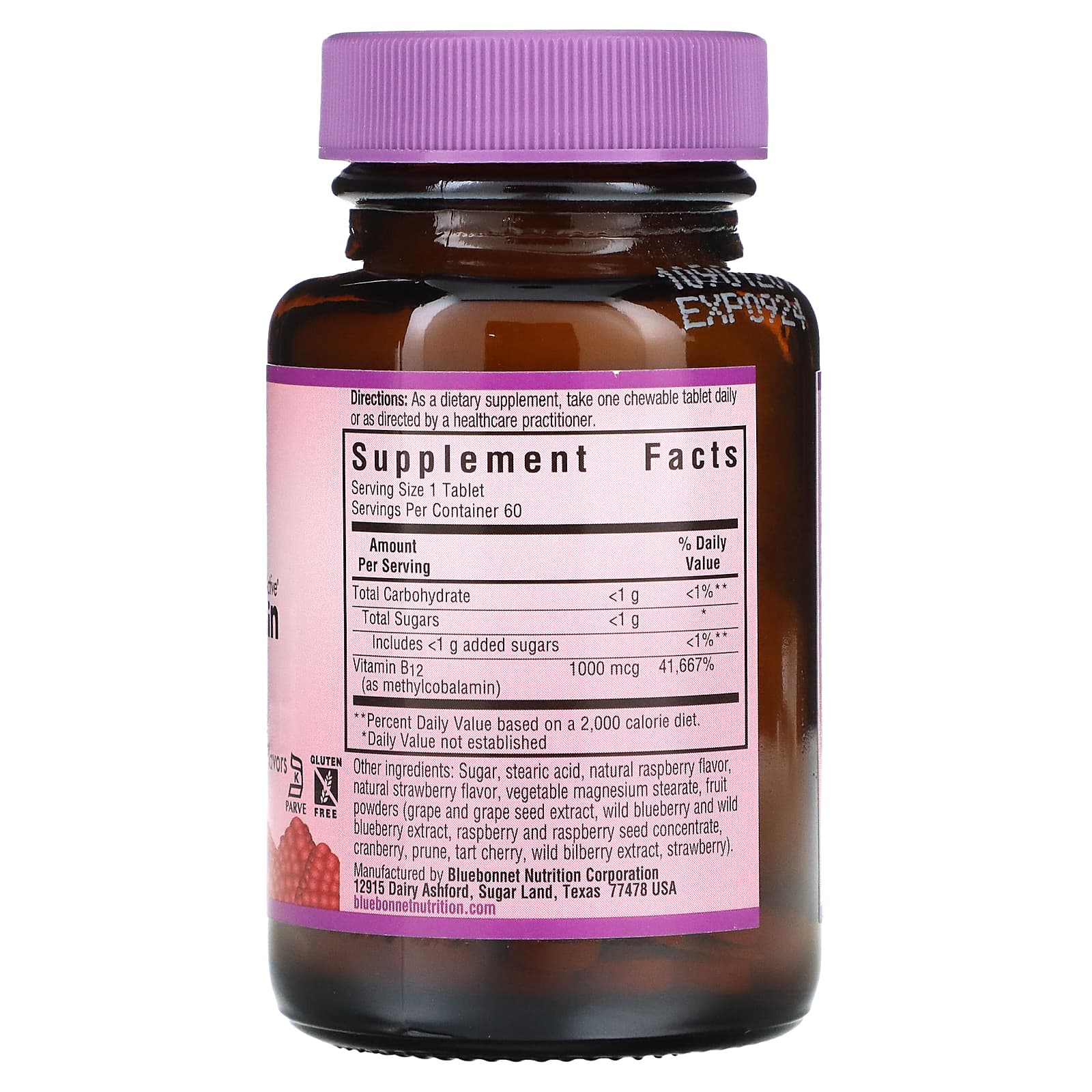 Bluebonnet, Earthsweet  Methylcobalamin B-12 1000 Mcg Raspberry Flavor, 60 Chewables UPC 743715004412 | Hilife Vitamins