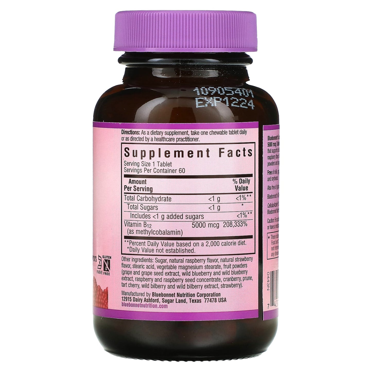 Bluebonnet, Earthsweet Methylcobalamin Vitamin B-12 5000 Mcg Raspberry, 60 Chewables UPC 743715004436 | Hilife Vitamins