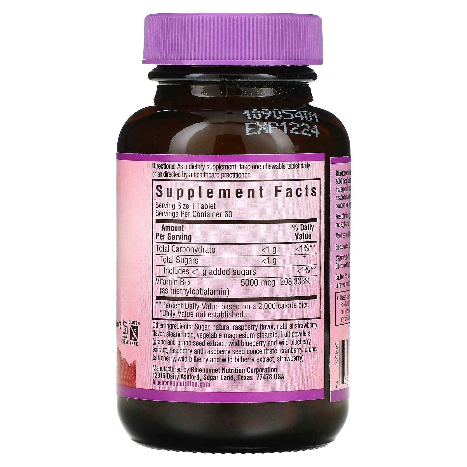 Bluebonnet, Earthsweet Methylcobalamin Vitamin B-12 5000 Mcg Raspberry, 60 Chewables UPC 743715004436 | Hilife Vitamins