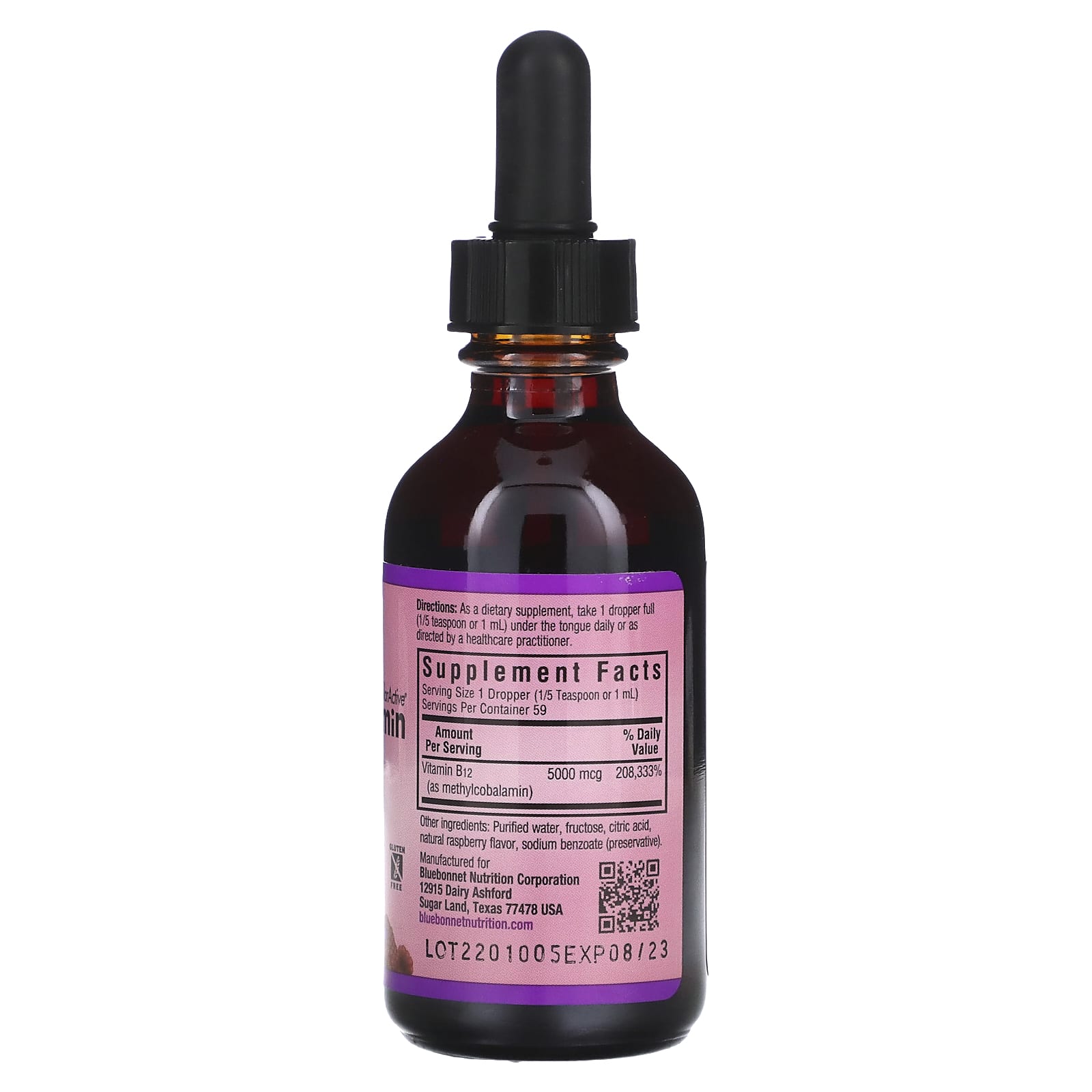 Bluebonnet, Liquid CellularActive Methylcobalamin Vitamin B12 Raspberry 5000 mcg, 2 Fl oz UPC 743715004443 | Hilife Vitamins