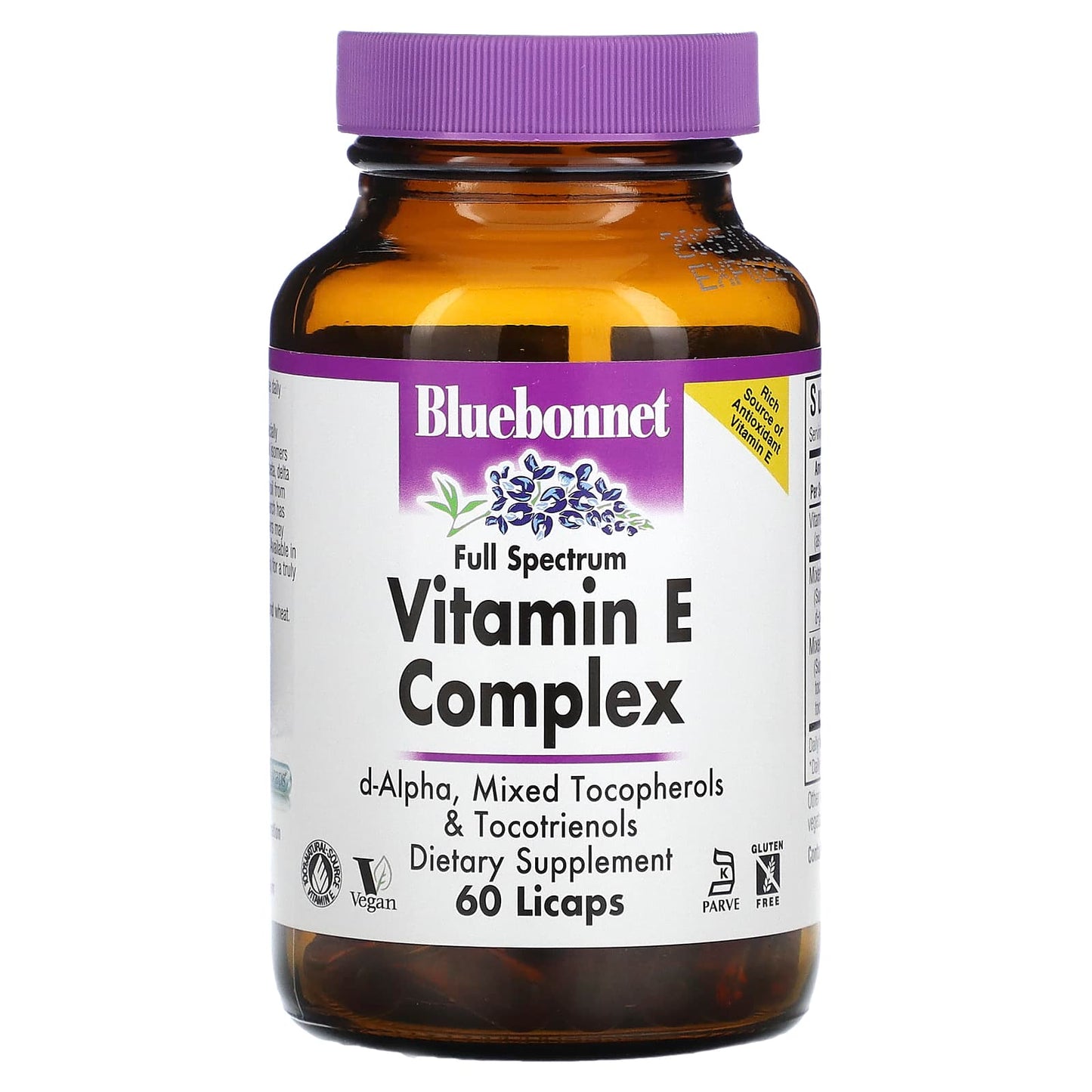 Bluebonnet, High Gamma Natural Vitamin E Complex, 60 Vegetarian Capsules UPC 743715006010 | Hilife Vitamins