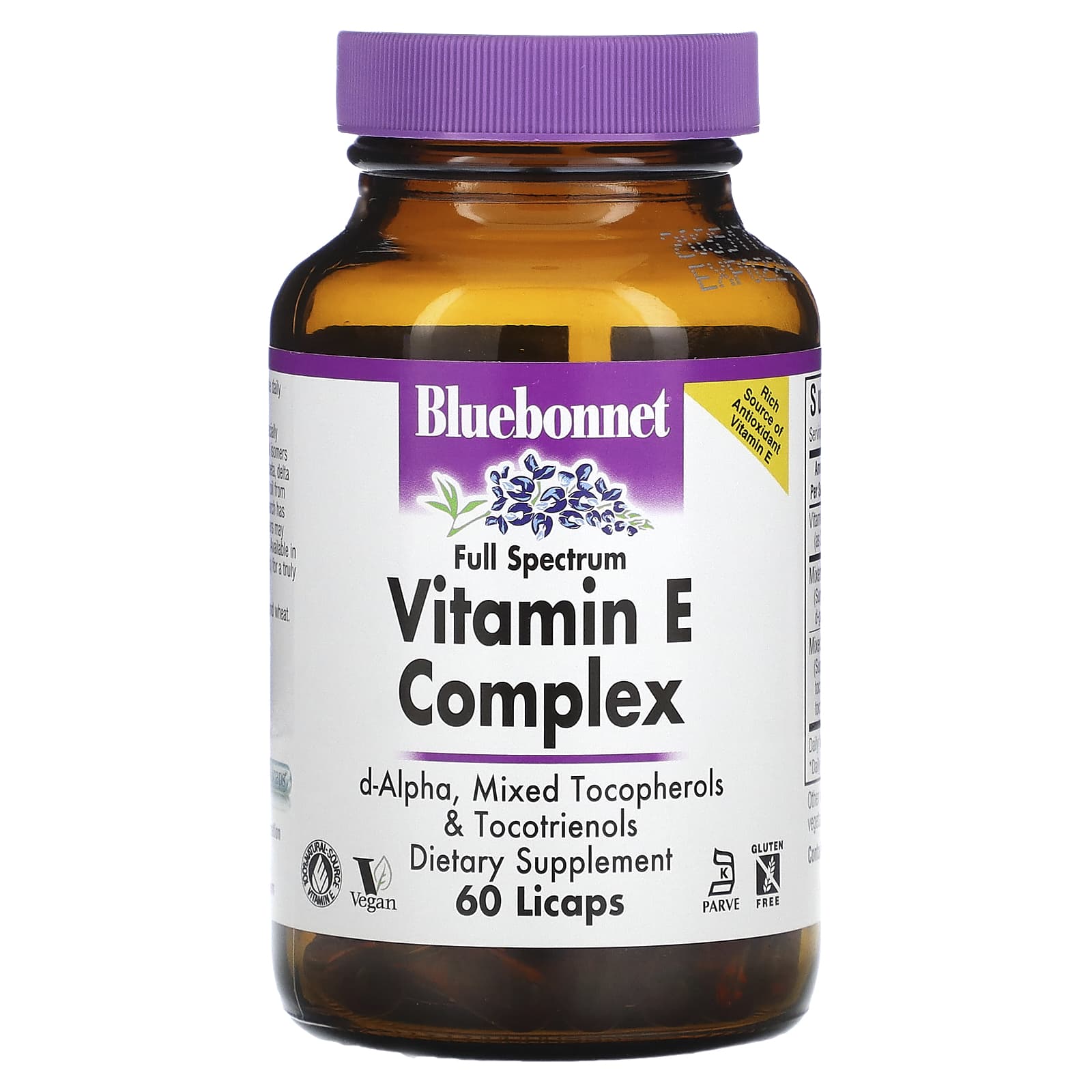 Bluebonnet, High Gamma Natural Vitamin E Complex, 60 Vegetarian Capsules UPC 743715006010 | Hilife Vitamins