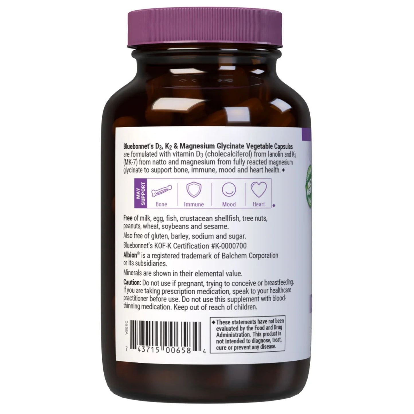 Bluebonnet, Vitamin D3 & K2 Magnesium Glycinate, 60 Vegetable Capsules UPC 743715006584 | Hilife Vitamins
