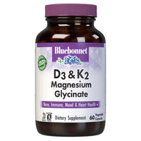 Bluebonnet, Vitamin D3 & K2 Magnesium Glycinate, 60 Vegetable Capsules UPC 743715006584 | Hilife Vitamins