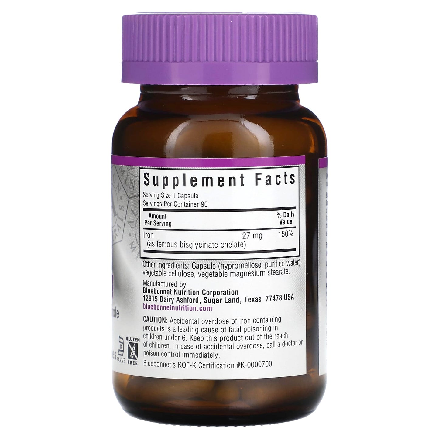 Bluebonnet, Albion Chelated Iron 27 Mg, 90 Vegetarian Capsules UPC 743715006706 | Hilife Vitamins
