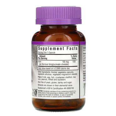 Bluebonnet, Albion Chelated Iron 18 mg, 90 Vegetarian Capsules UPC 743715007260 | Hilife Vitamins