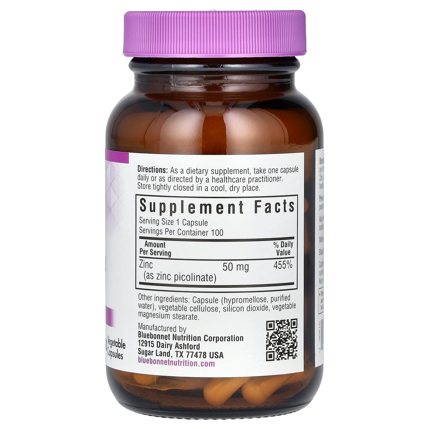 Bluebonnet, Zinc Picolinate, 50 mg, 100 Vegetable Capsules UPC 743715007406 | Hilife Vitamins