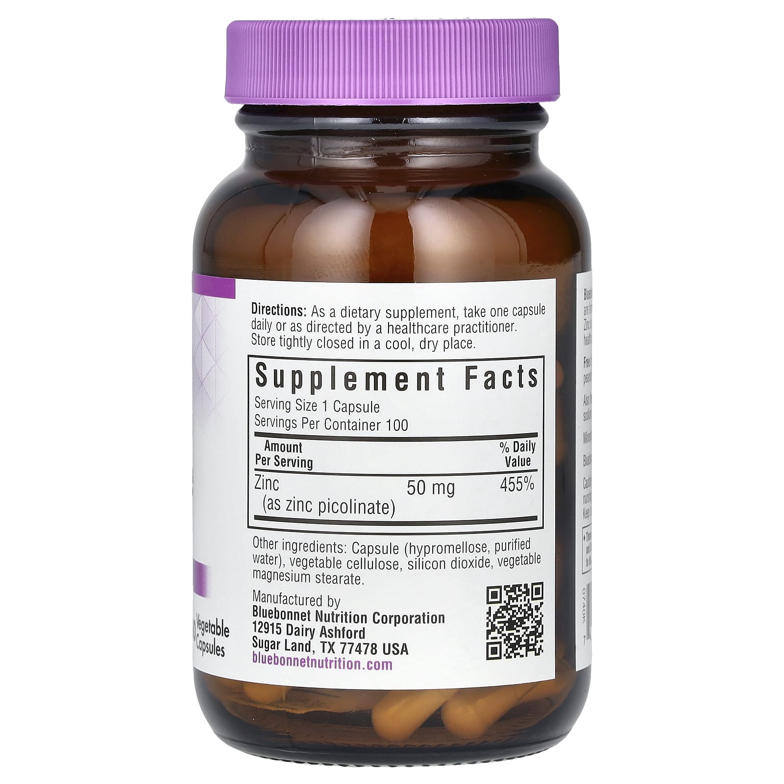 Bluebonnet, Zinc Picolinate, 50 mg, 100 Vegetable Capsules UPC 743715007406 | Hilife Vitamins
