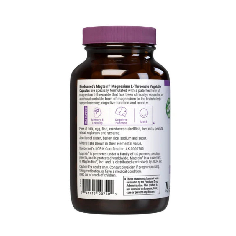 Bluebonnet, Magnesium L-Threonate, 90 Vegetable Capsules UPC 743715007505 | HiLife Vitamins
