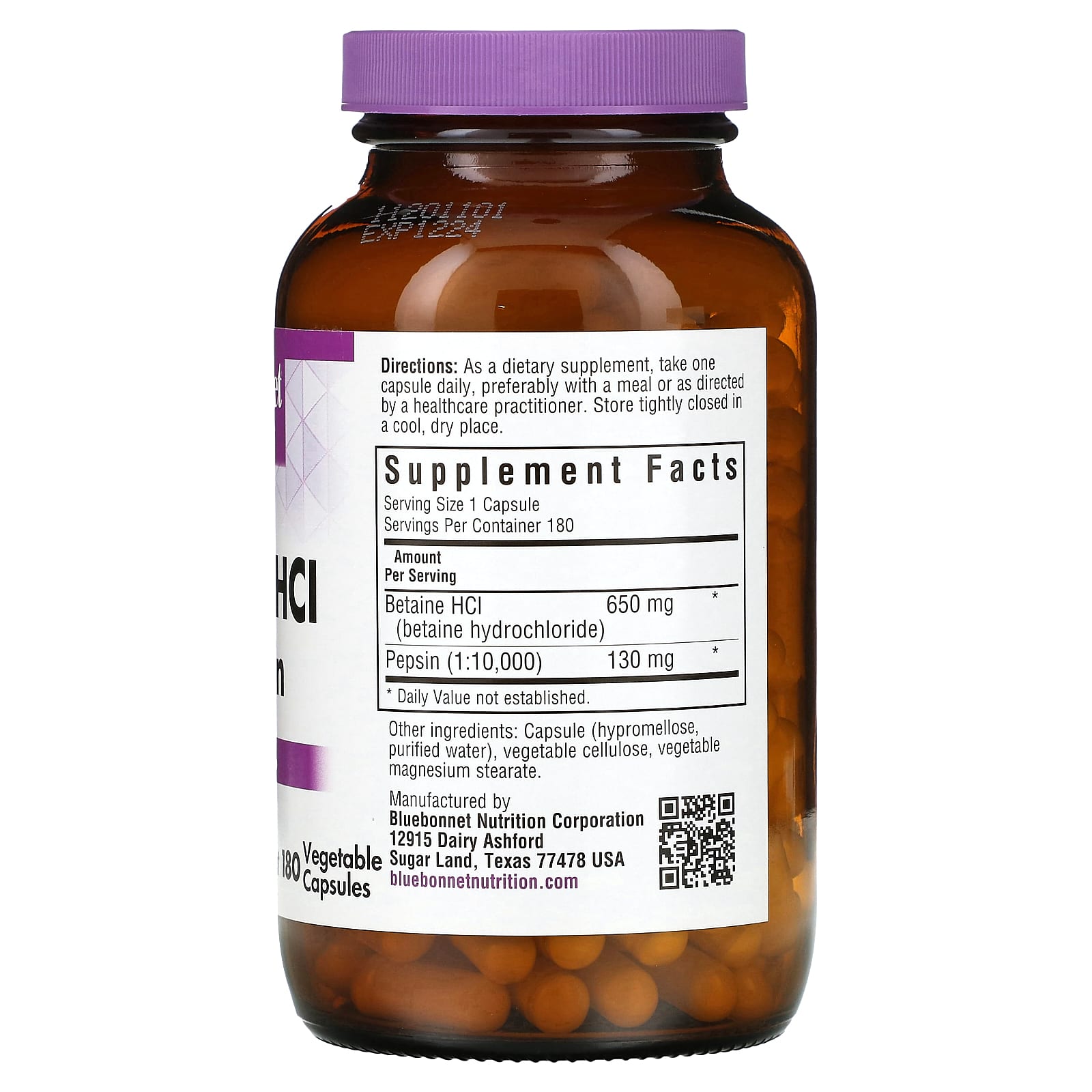 Bluebonnet, Betaine Hcl Plus Pepsin, 180 Vegetarian Capsules UPC 743715008977 | Hilife Vitamins