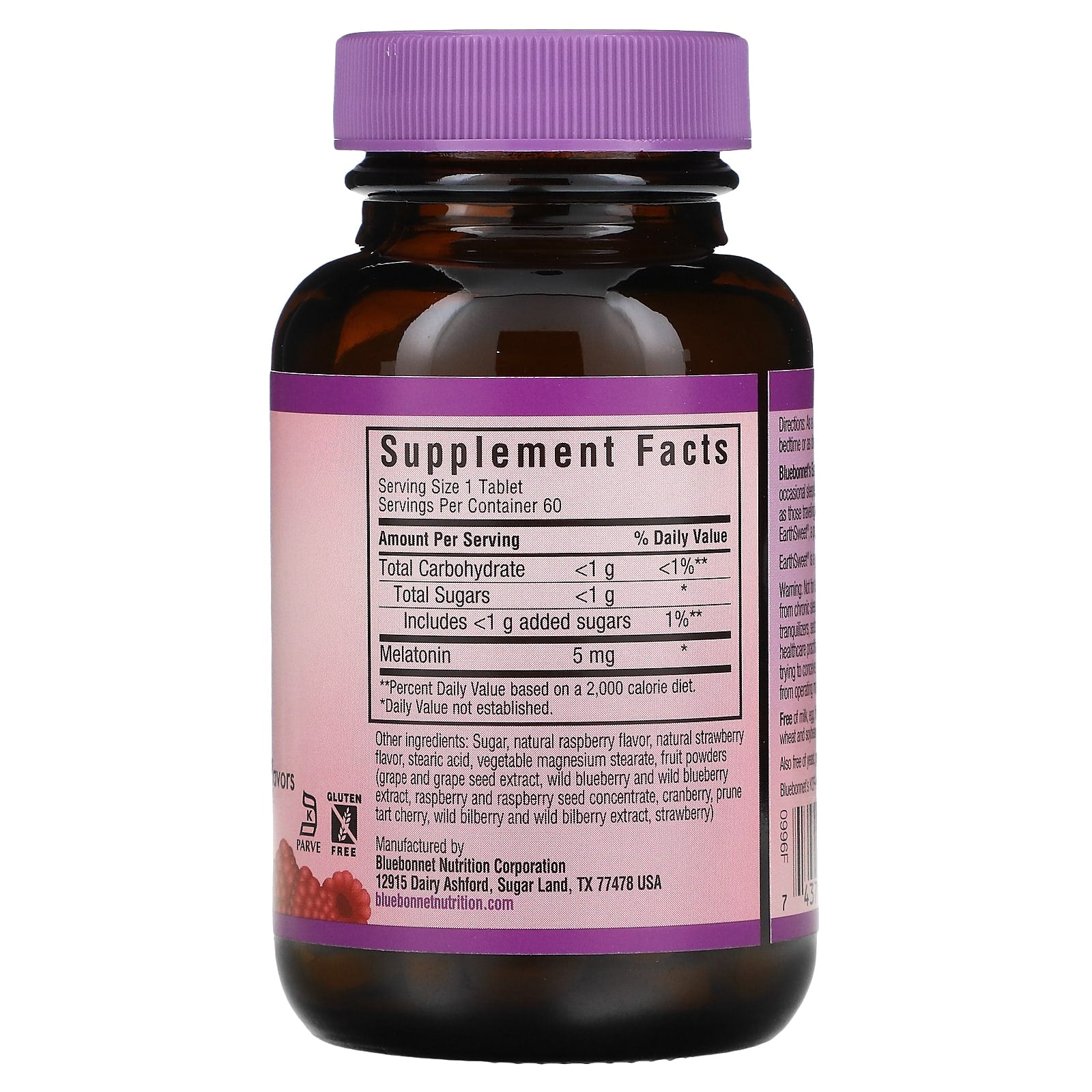 Bluebonnet, EARTHSWEET S MELATONIN 5 mg RASPBERRY FLAVOR, 60 Chewables UPC 743715009967 | Hilife Vitamins