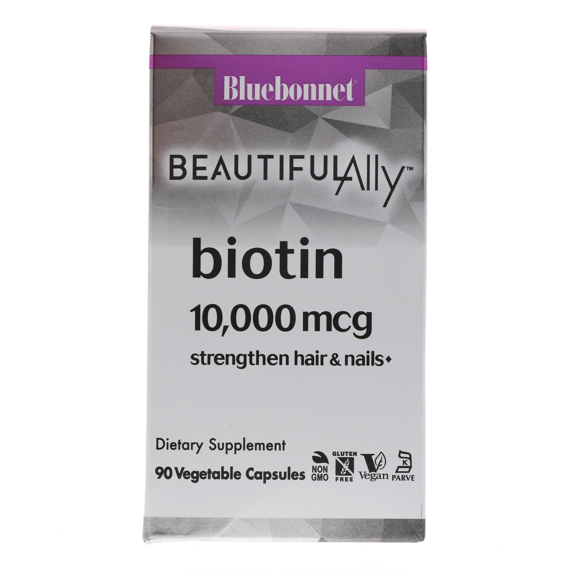 Bluebonnet, Beautiful Ally, Biotin, 10,000 mcg, Strengthen Hair & Nails, 90 Vegetarian Capsules UPC 743715015043