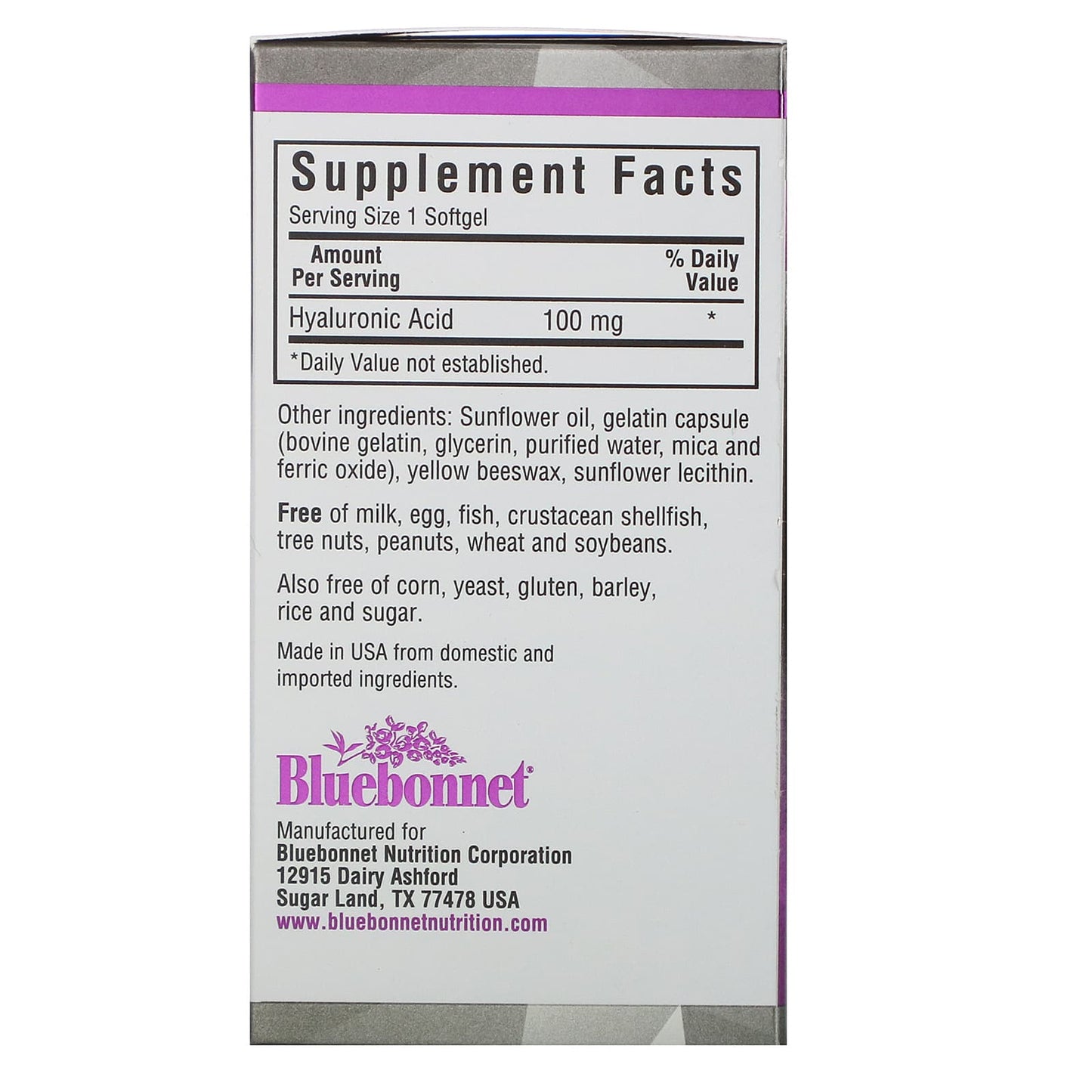 Bluebonnet, Beautiful Ally Hyaluronic Acid 100 mg, 90 Vegetarian Capsules UPC 743715015128 | Hilife Vitamins