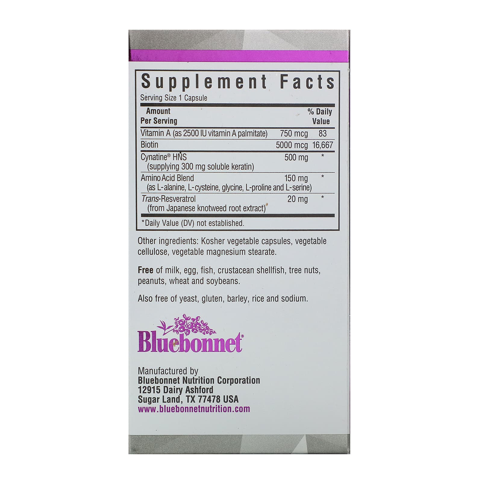 Bluebonnet, BEAUTIFUL ALLY® KERATIN CARE™, 30 Vegetarian Capsules UPC 743715015180 | Hilife Vitamins