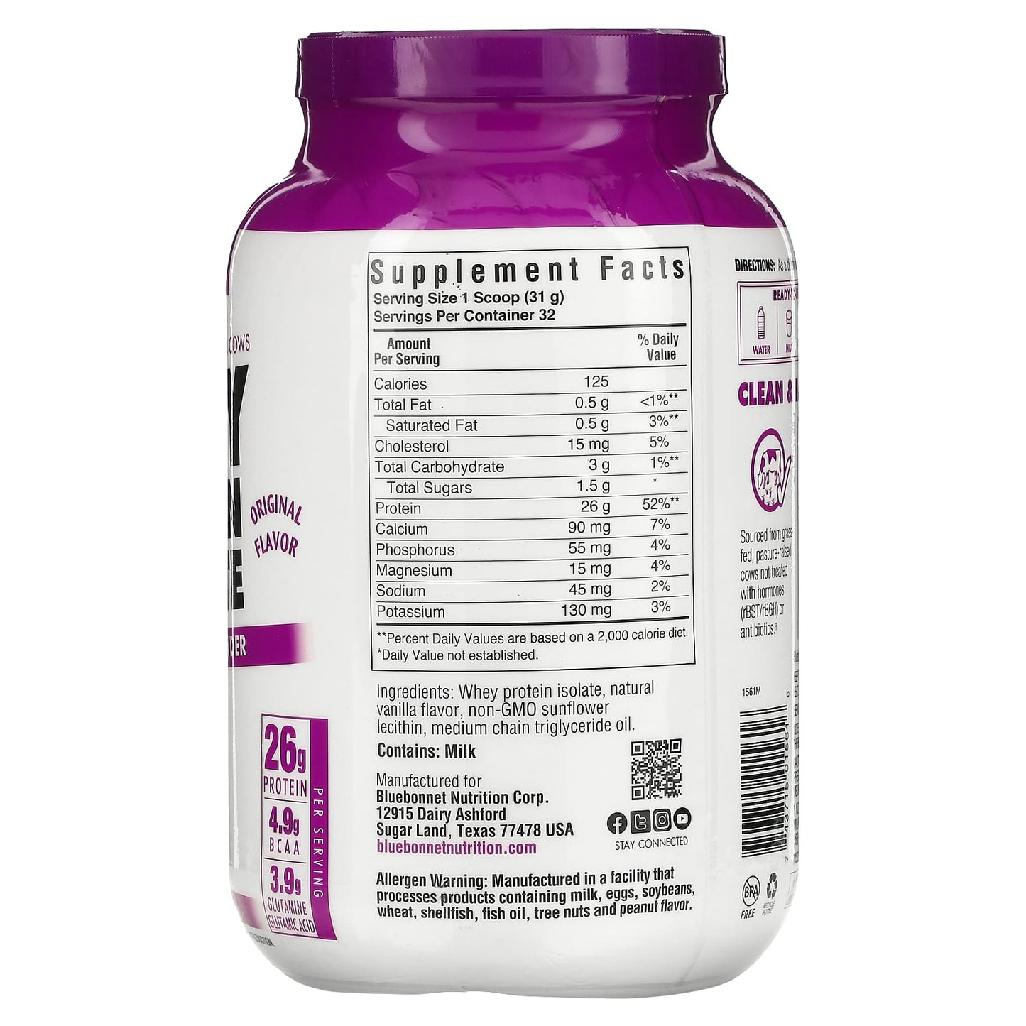Bluebonnet, 100% Natural Whey Protein Isolate Powder Original Flavor, 2.2 Powder UPC 743715015616 | Hilife Vitamins