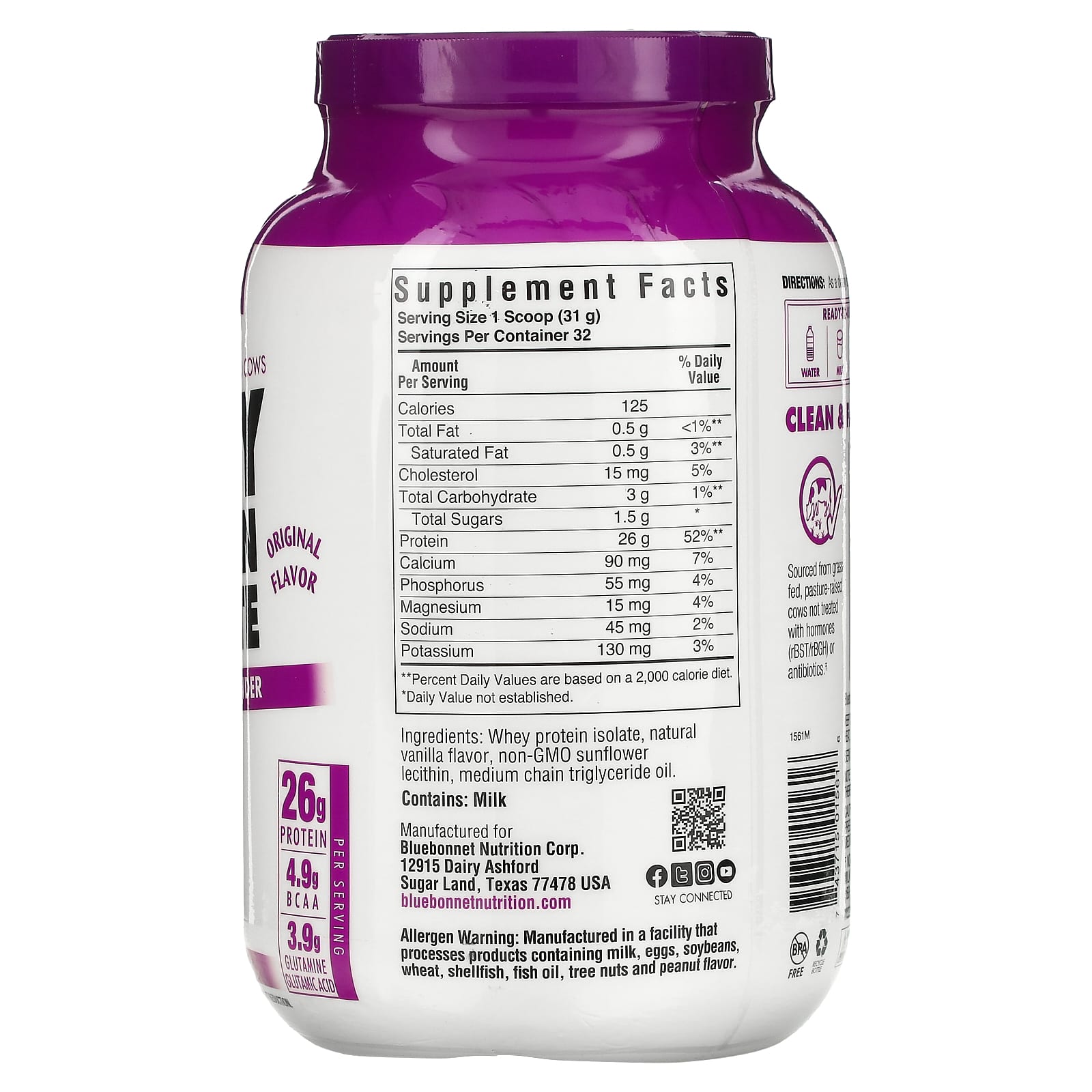 Bluebonnet, 100% Natural Whey Protein Isolate Powder Original Flavor, 2.2 Powder UPC 743715015616 | Hilife Vitamins