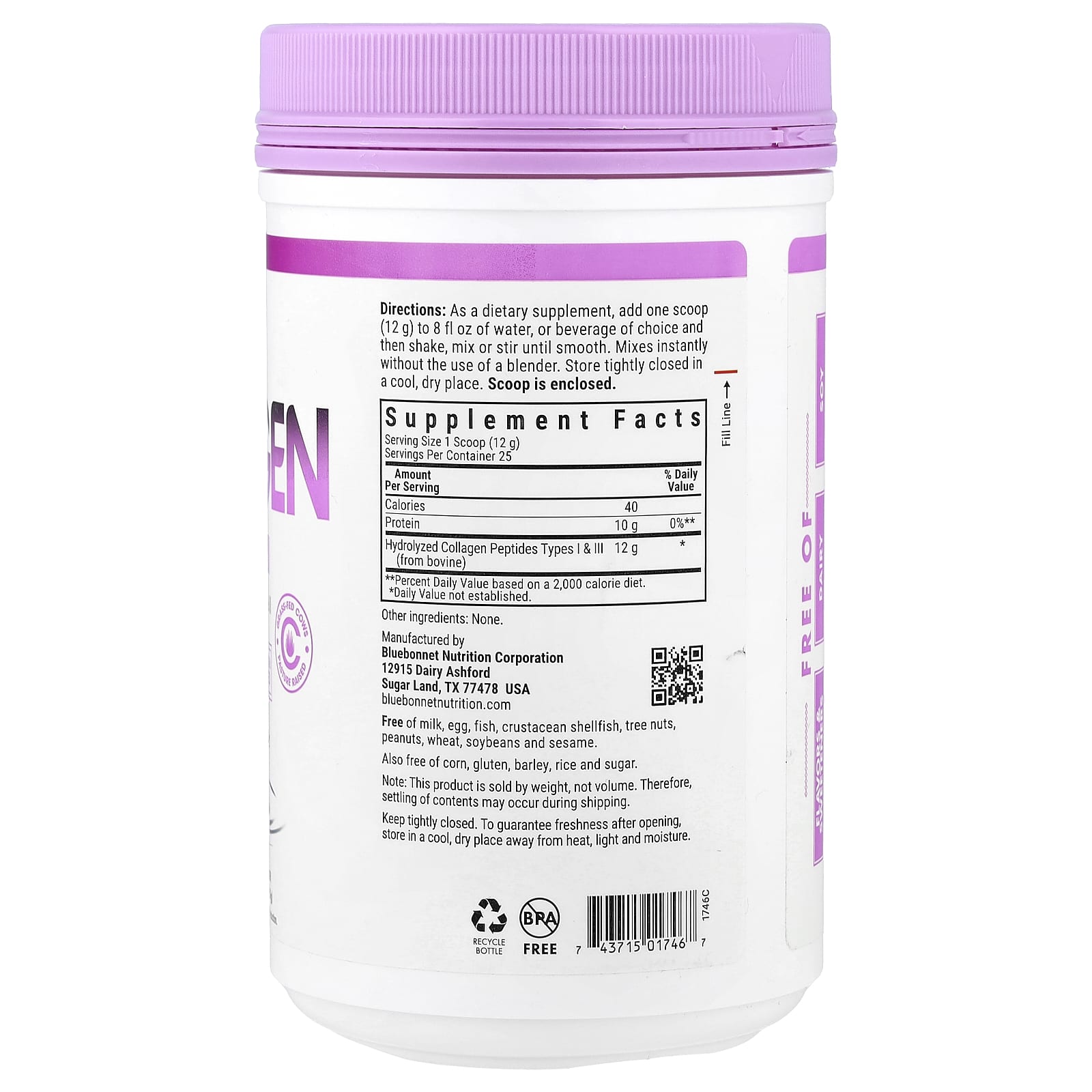 Bluebonnet, Hydrolyzed Collagen Powder, Unflavored, 10.58 oz (300 g) Powder UPC 743715017467 | Hilife Vitamins