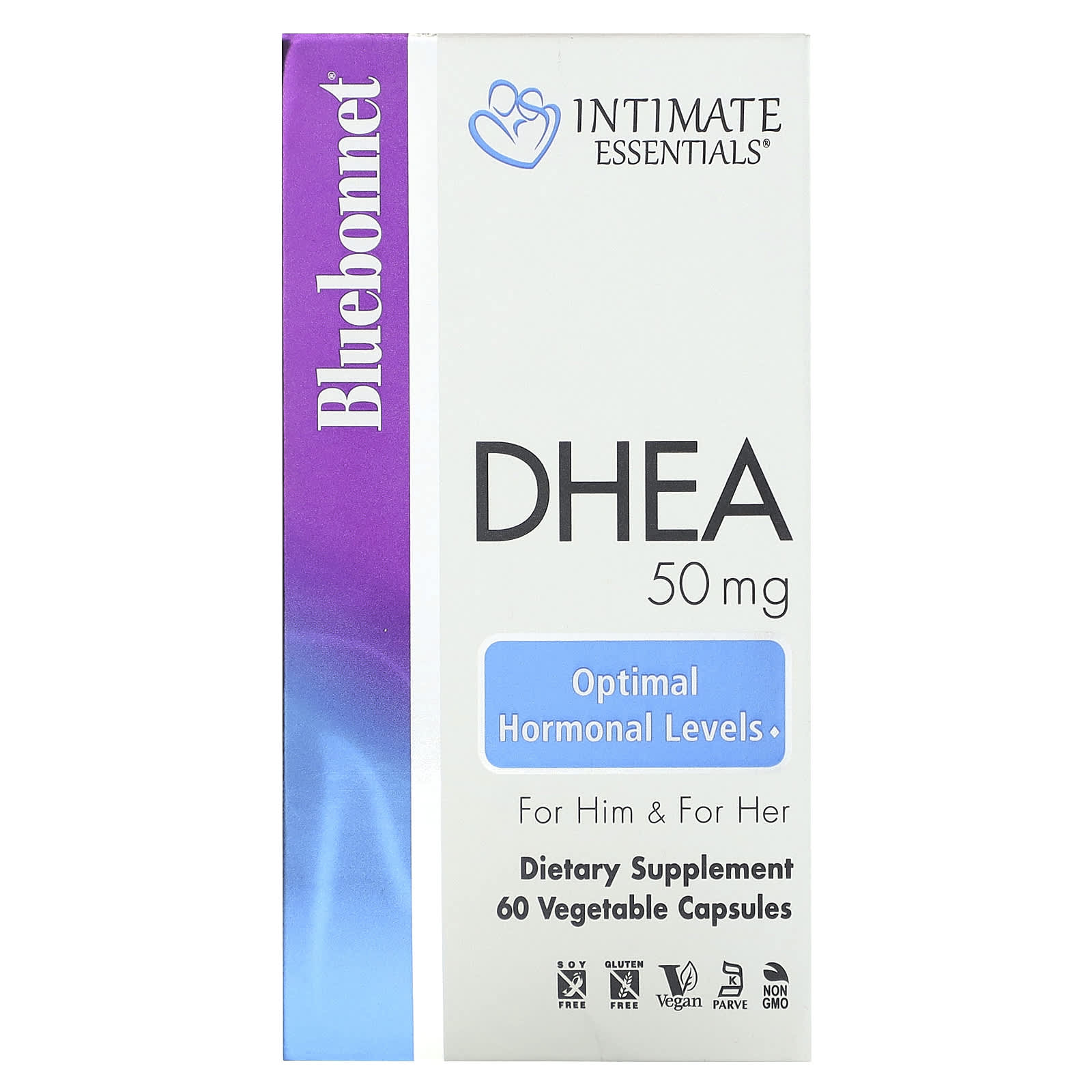 Bluebonnet, Intimate Essentials, DHEA, For Him & For Her, 50 mg, 60 Vegetable Capsules UPC 743715040175 | Hilife Vitamins