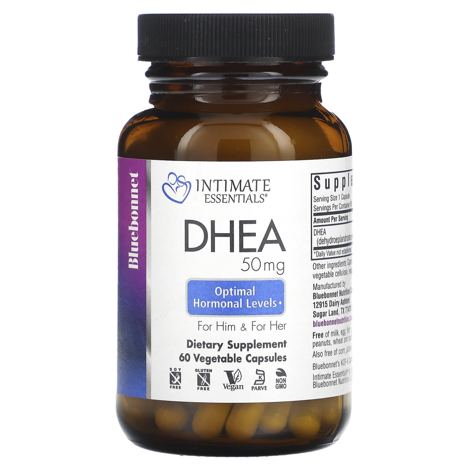 Bluebonnet, Intimate Essentials, DHEA, For Him & For Her, 50 mg, 60 Vegetable Capsules UPC 743715040175 | Hilife Vitamins