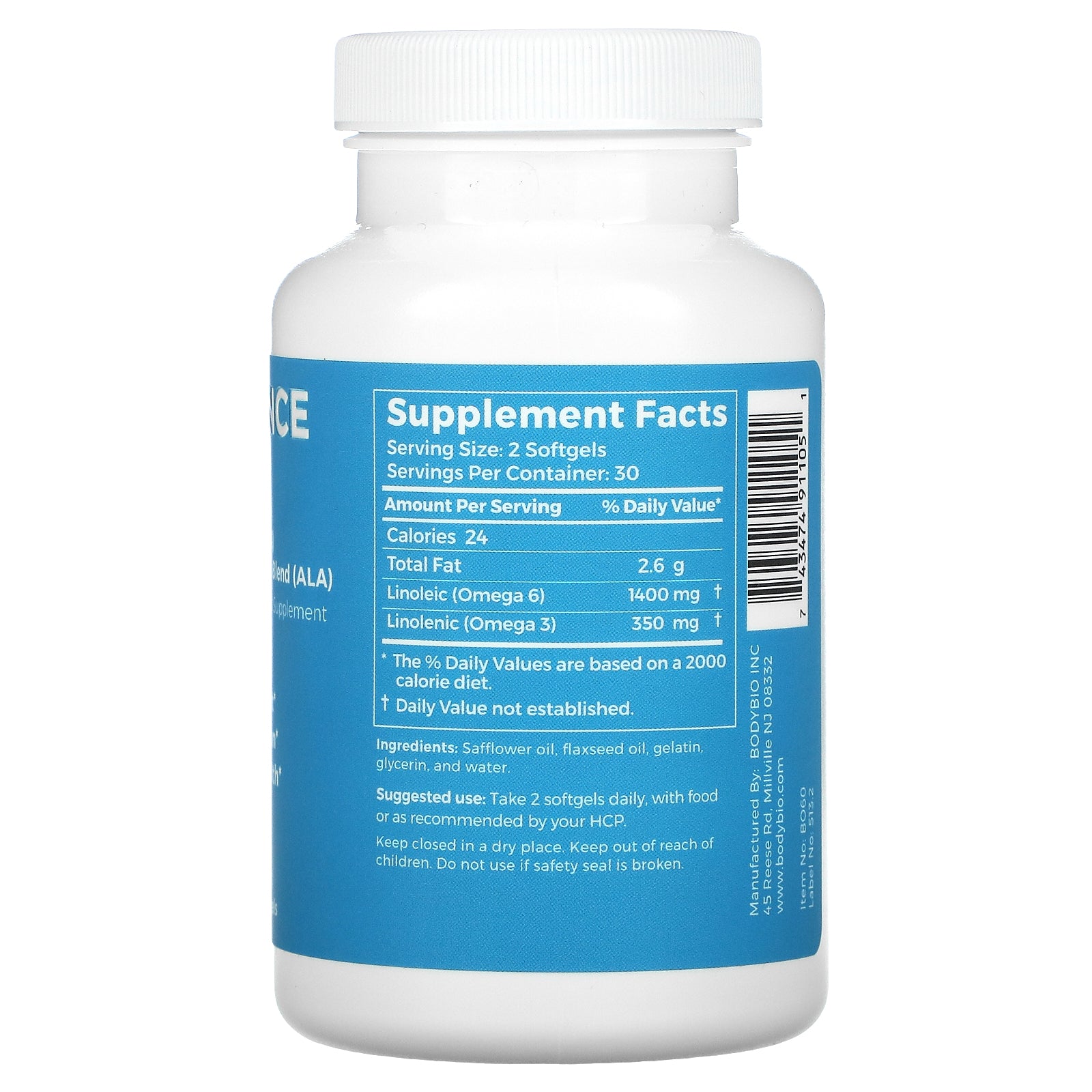 BodyBio, Balance Oil, Linoleic Acid (LA) & Linolenic Acid Blend (ALA), 60 Non-GMO Softgels UPC 743474911051 | HiLife Vitamins