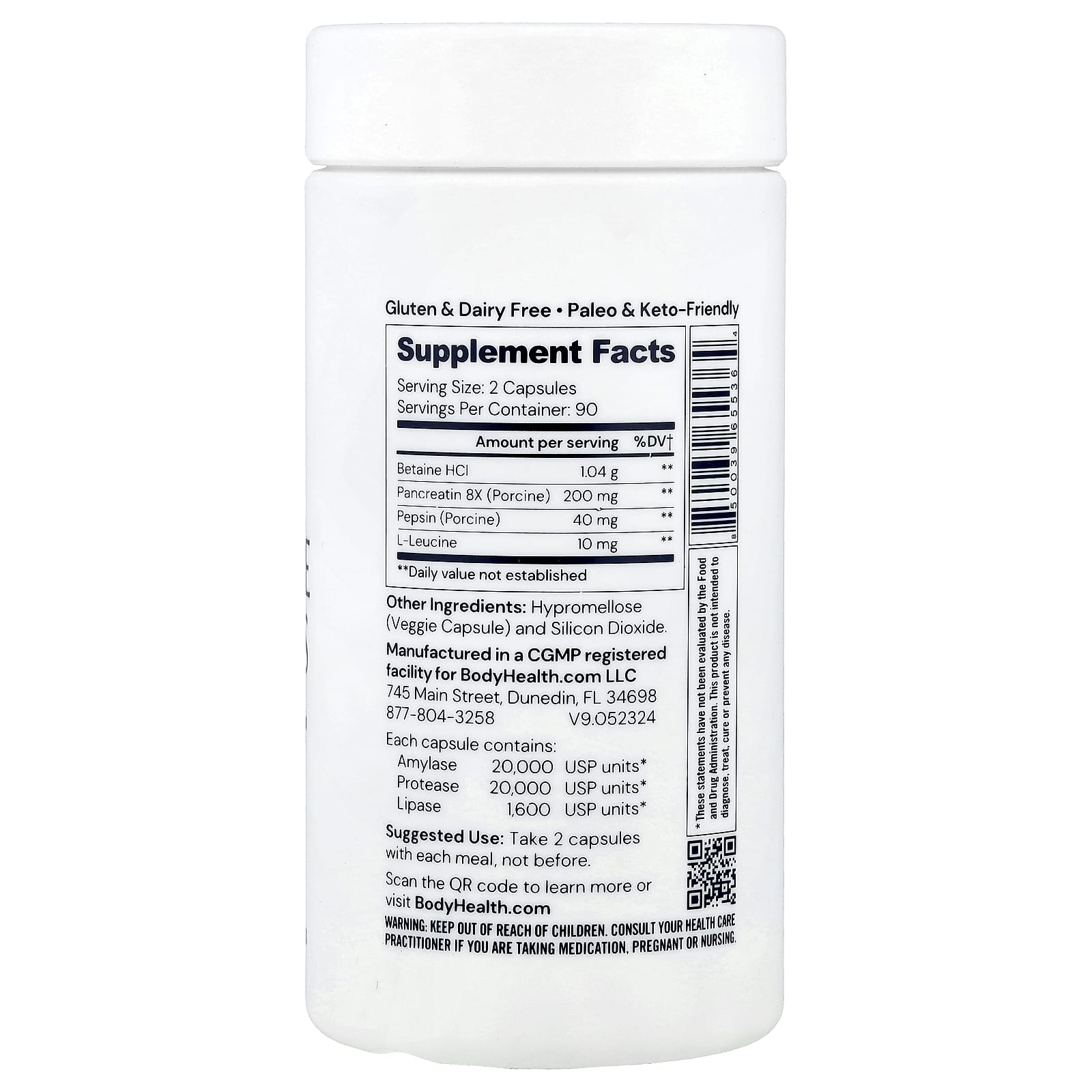 Bodyhealth, Digestive Enzymes With Betaine, Pancreatin & Pepsin, 180 Capsules UPC 850039655364 | HiLife Vitamins