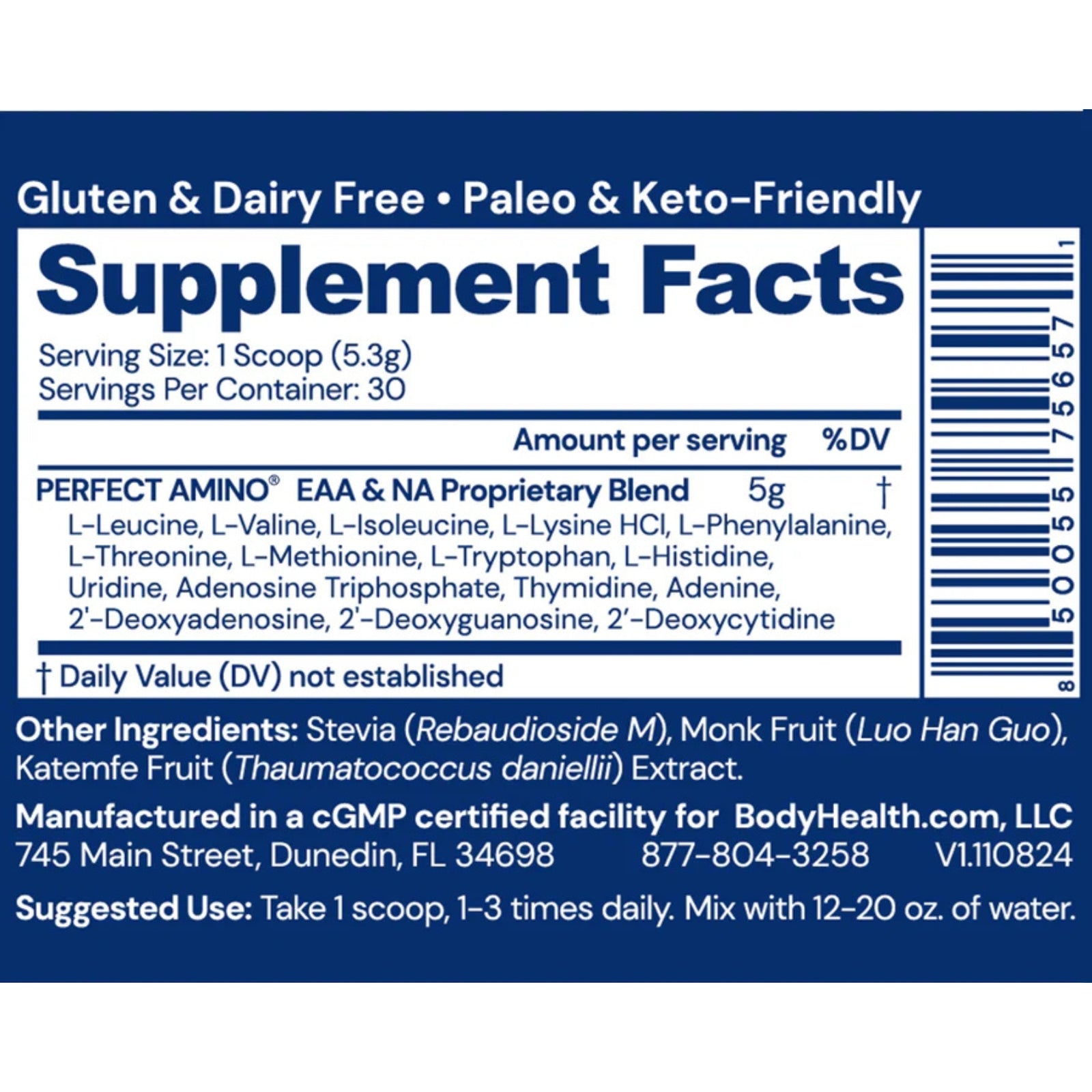 Bodyhealth, Perfect Amino Unflavored, 5.61 oz (159g) UPC 850055756571 | HiLife Vitamins