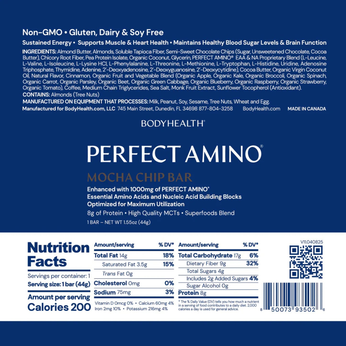Bodyhealth, Perfect Amino Bar, Mocha Chip Flavor, 1 Bar UPC 850073935026 | HiLife Vitamins
