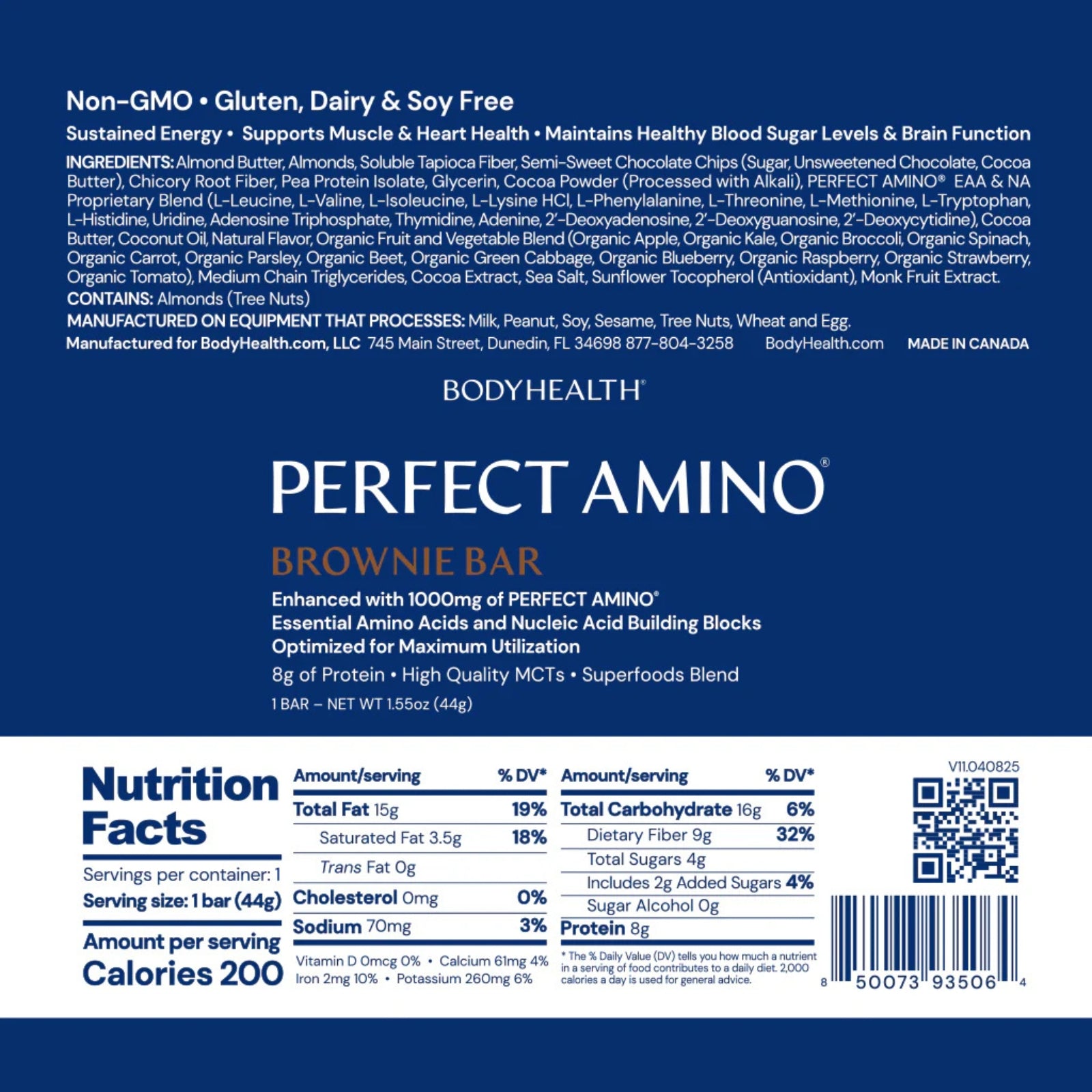 Bodyhealth, Perfect Amino Bar, Brownie Flavor, 1 Bar UPC 850073935064 | HiLife Vitamins
