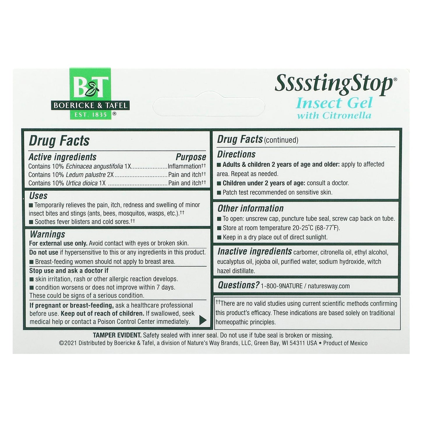 Boericke Tafel, Sting Stop Soothing Gel, 1 Oz Gel UPC 308078253909 | Hilife Vitamins
