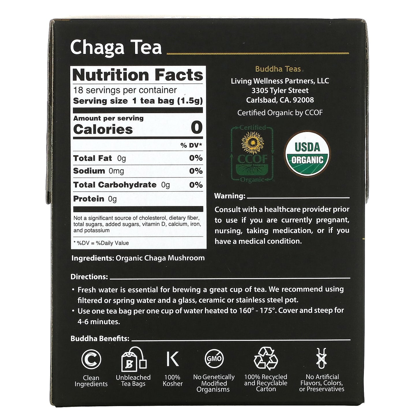 Buddha Teas, Chaga Tea, 18 Bags UPC 819005011306 | Hilife Vitamins