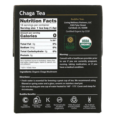 Buddha Teas, Chaga Tea, 18 Bags UPC 819005011306 | Hilife Vitamins