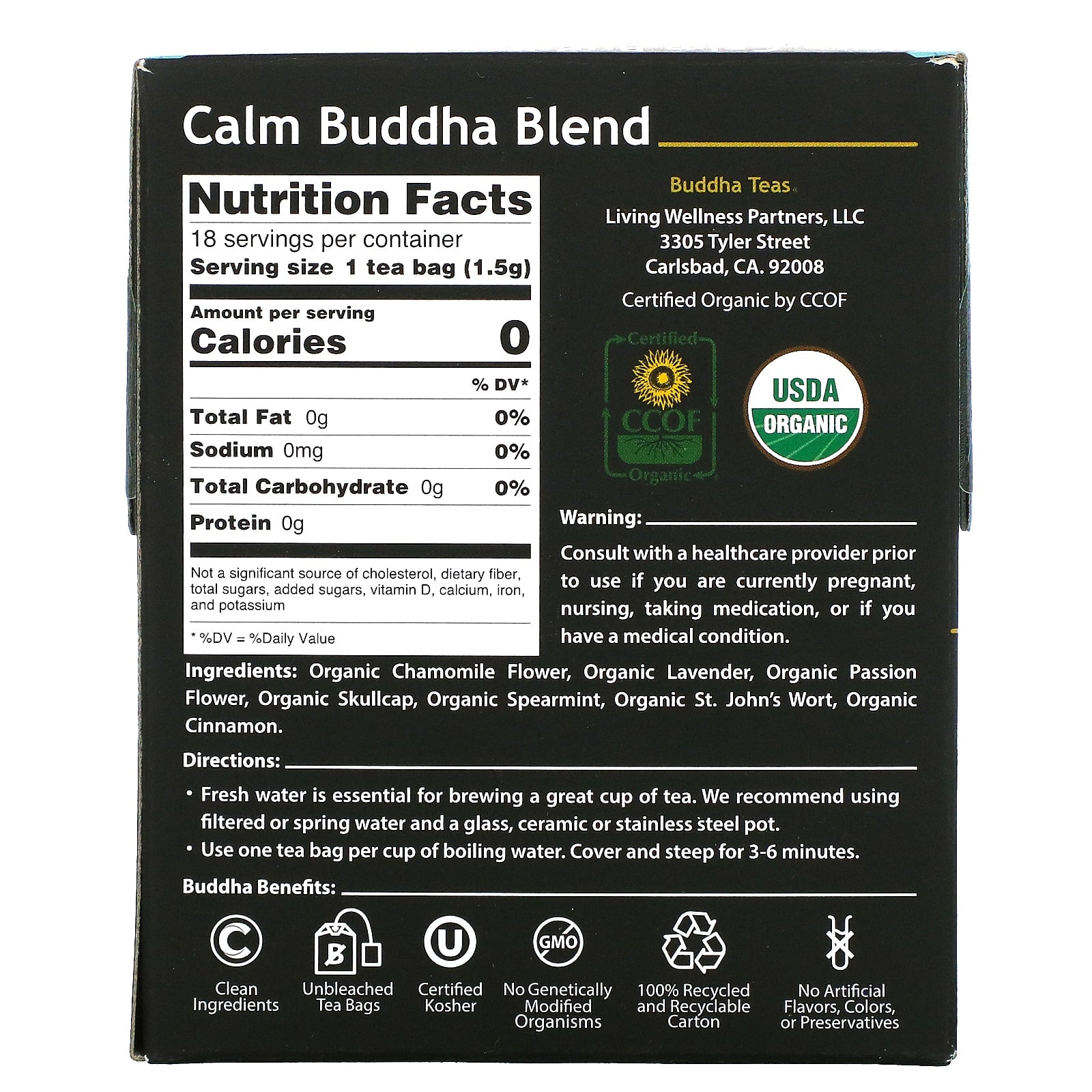 Buddha Teas, Calm Buddha Blend, 18 Tea Bags UPC 819005011528 | Hilife Vitamins