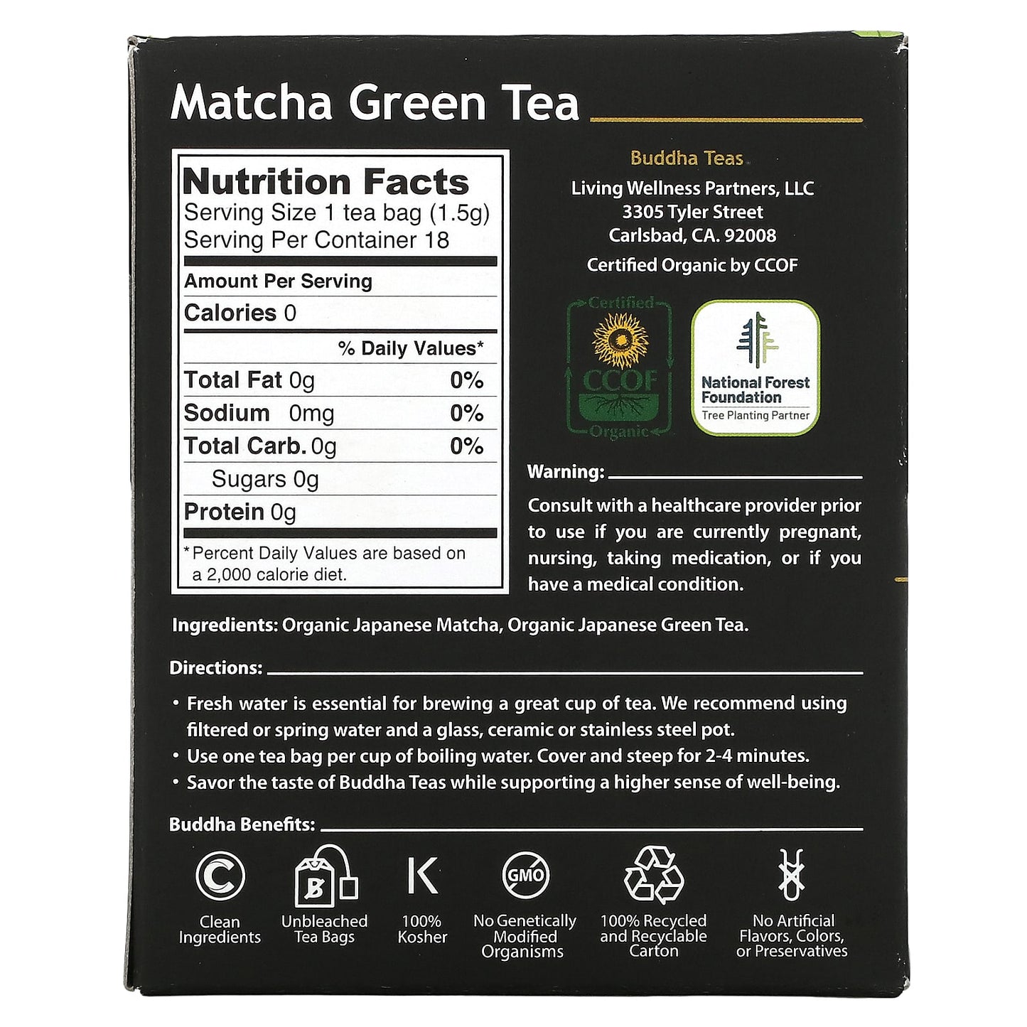 Buddha Teas, Matcha Green Tea, 18 Bags UPC 819005011610 | Hilife Vitamins