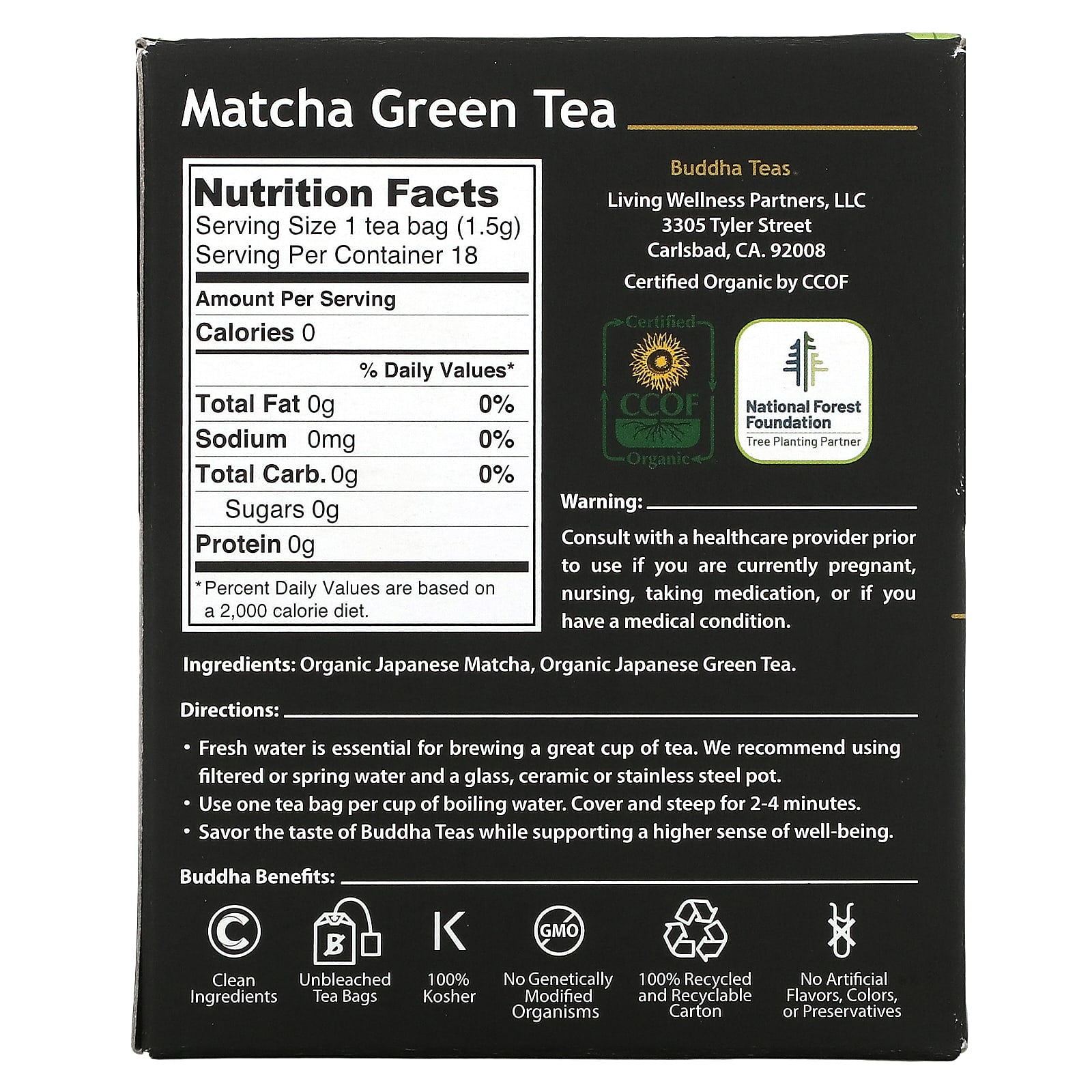 Buddha Teas, Matcha Green Tea, 18 Bags UPC 819005011610 | Hilife Vitamins