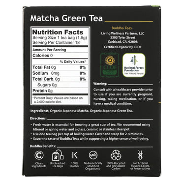Buddha Teas, Matcha Green Tea, 18 Bags UPC 819005011610 | Hilife Vitamins