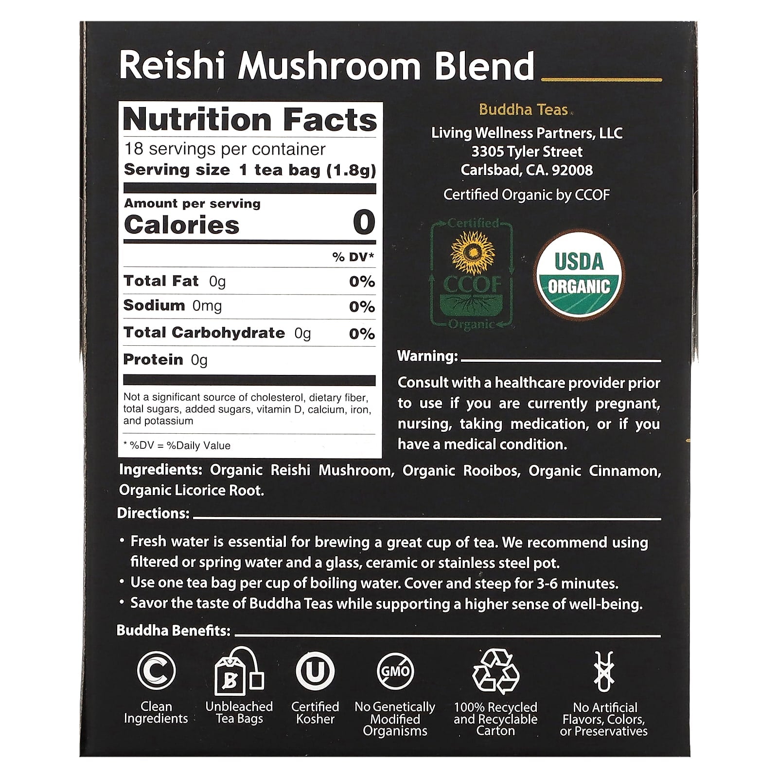 Buddha Teas, Reishi Mushroom Blend, 18 Bags UPC 819005015403 | Hilife Vitamins
