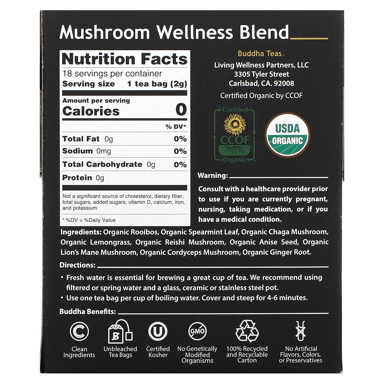 Buddha Teas, Mushroom Wellness Blend, 18 Bags UPC 819005015427 | Hilife Vitamins