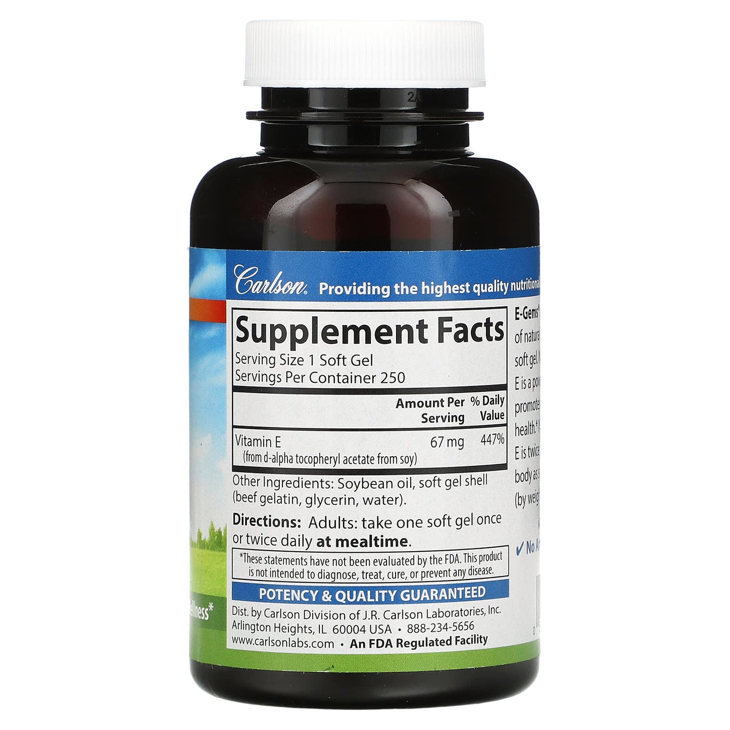 Carlson Labs, E-Gems 100IU, 250 Softgels UPC 088395003127 | HiLife Vitamins