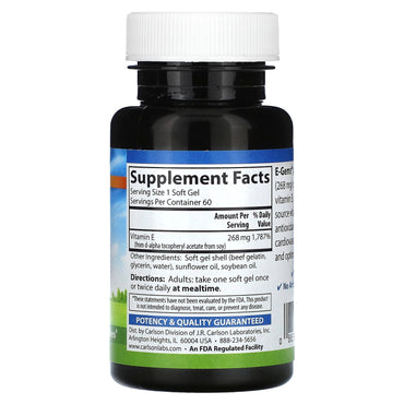 Carlson Labs, E-Gems 400IU, 60 Softgels UPC 088395003417 | HiLife Vitamins