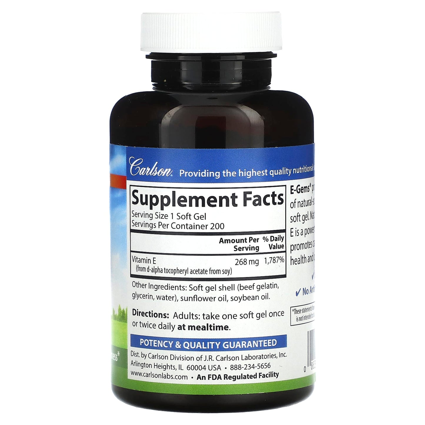 Carlson Labs, E-Gems 400 IU, 200 Softgels UPC 088395003424 | HiLife Vitamins