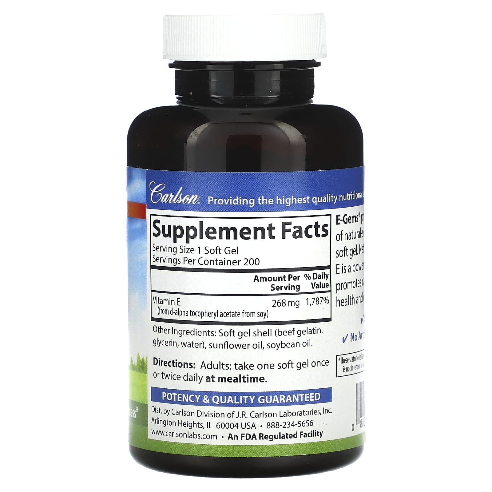 Carlson Labs, E-Gems 400 IU, 200 Softgels UPC 088395003424 | HiLife Vitamins