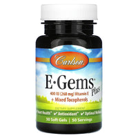 Carlson Labs, E-Gems Plus 400IU, 50 Softgels UPC 088395004407 | HiLife Vitamins