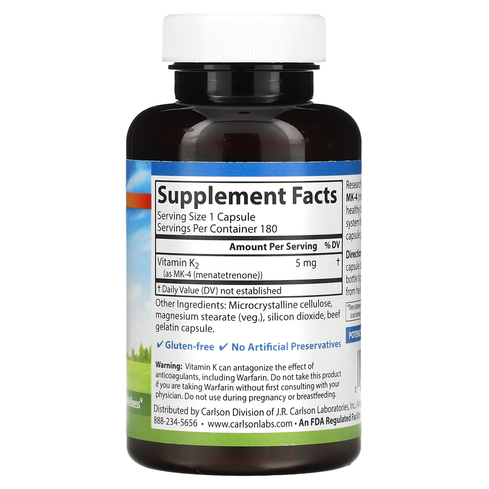 Carlson Labs, Vitamin K-2 5 mg, 180 Capsules UPC 088395010019 | HiLife Vitamins