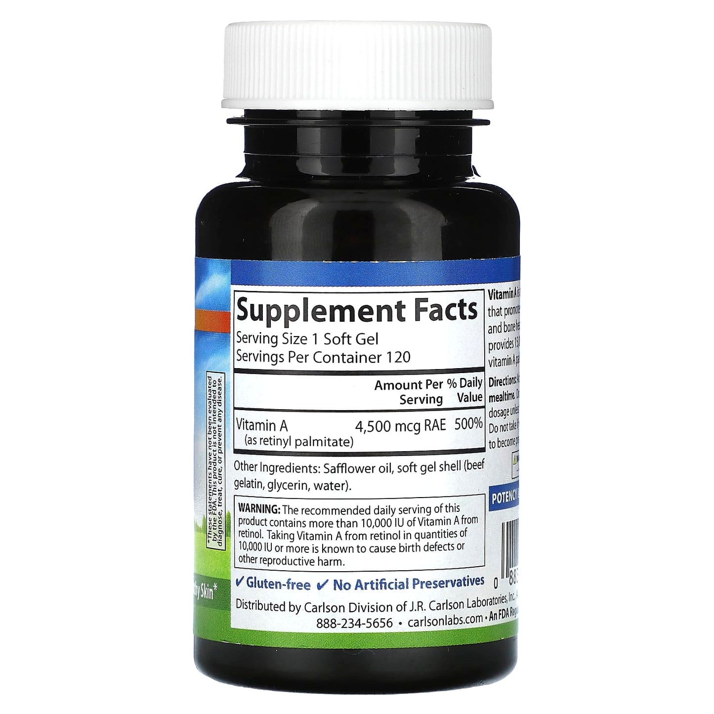 Carlson Labs, Vitamin A Palmitate 15000 IU, 120 Softgels UPC 088395011016 | HiLife Vitamins