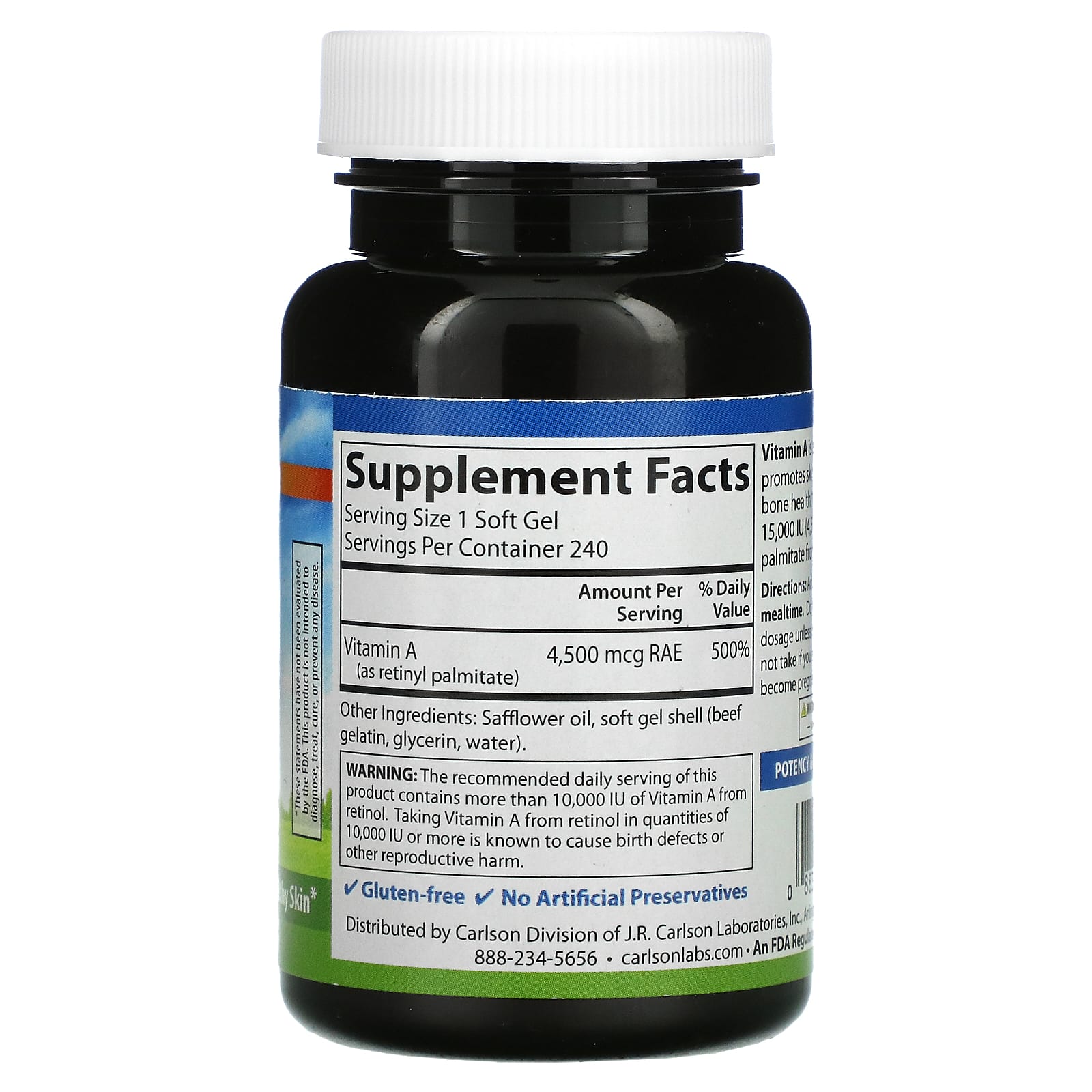 Carlson Labs, Vitamin A, 15,000 IU, 240 Soft Gels UPC 088395011023 | HiLife Vitamins
