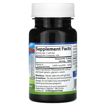 Carlson Labs, Vitamin A Soluble 10000 IU, 100 Softgels UPC 088395011214 | HiLife Vitamins